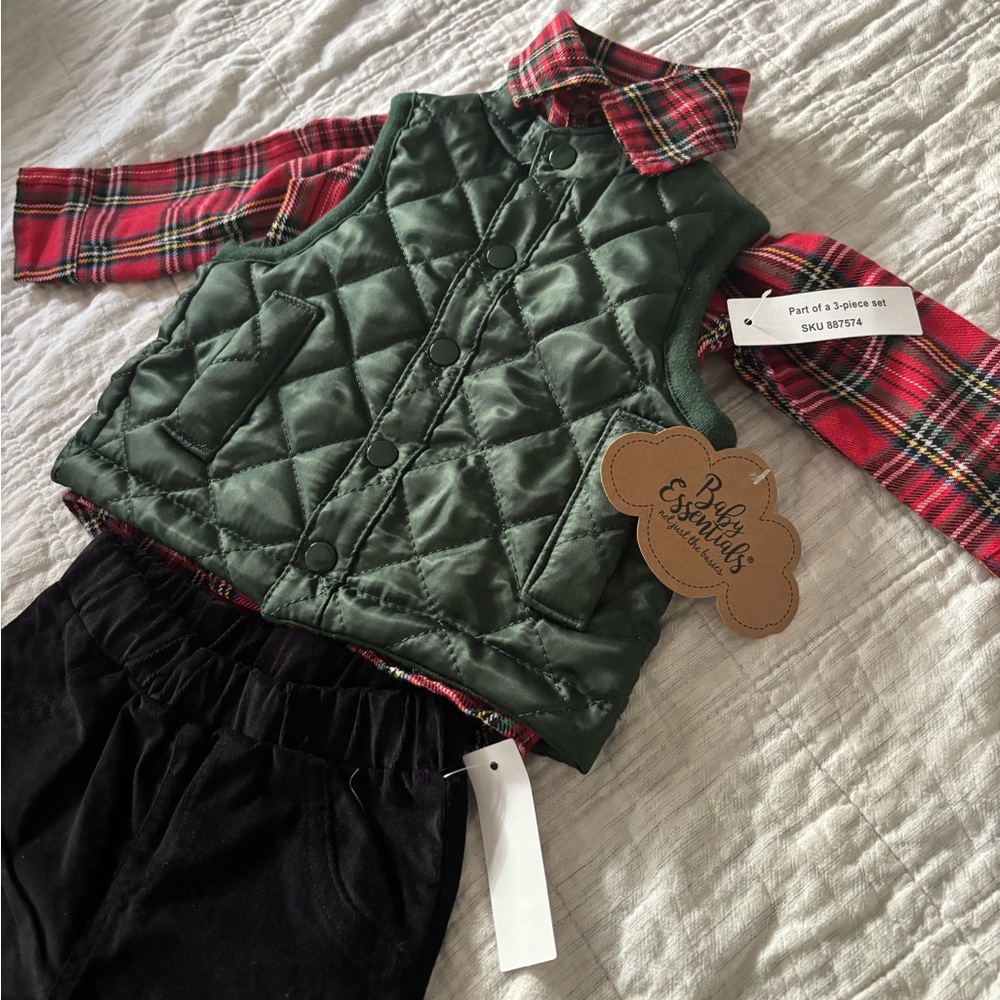 Green Quilted Vest with Red Plaid Shirt and Black Pants Set